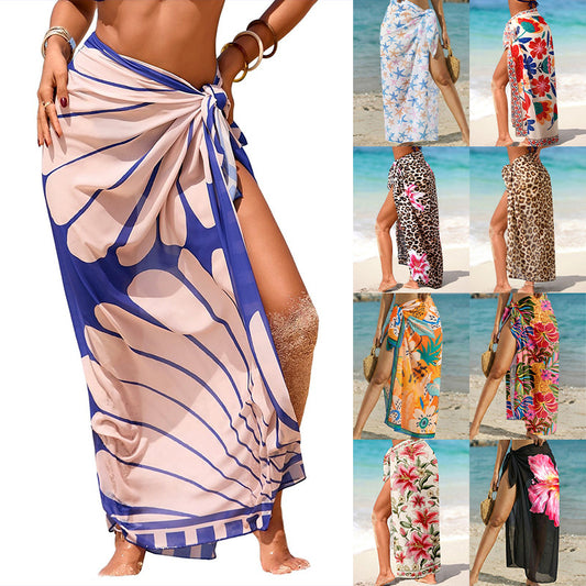 Women's Swimwear Transparent Sheer Cover-Up High-Slit One-Size Swim Dress Summer Floral Print Chiffon