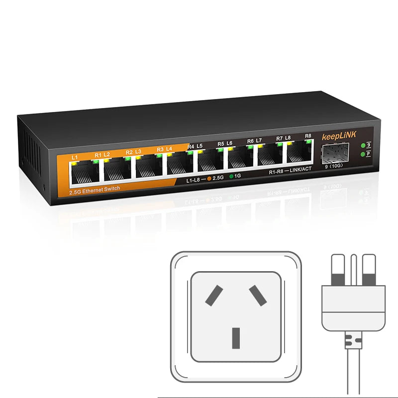 KeepLiNK 9-Port Multi-Gigabit Ethernet Switch Unmanaged 8- Port 2.5G RJ45 1-Port 10G SFP+ Uplink for Network Expansion