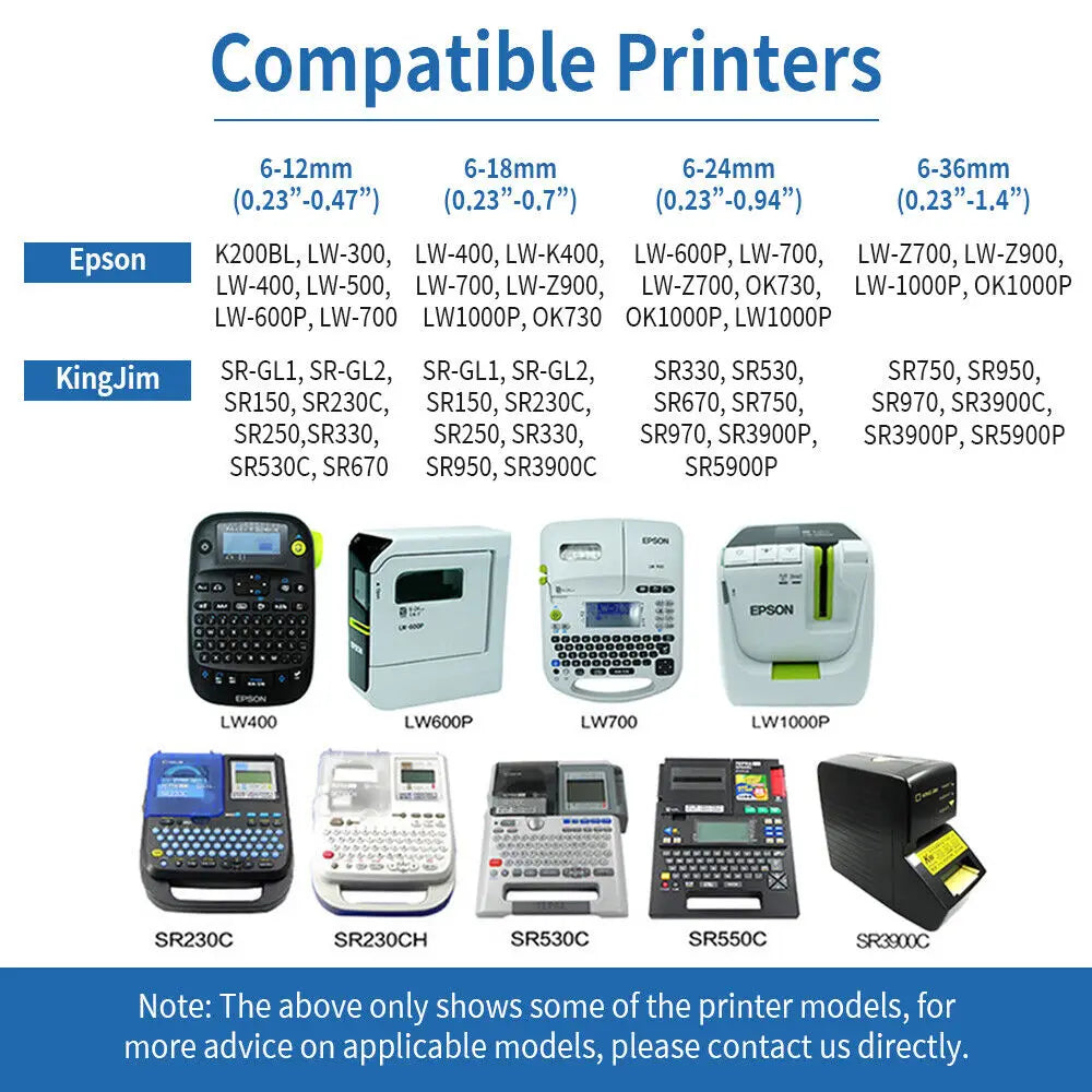 5PK Compatible for Epson 12mm x 8m AS12KW Standard Labels Black on White For LW-400 LW-300 LW-700 LW600P K200BL Label Printer