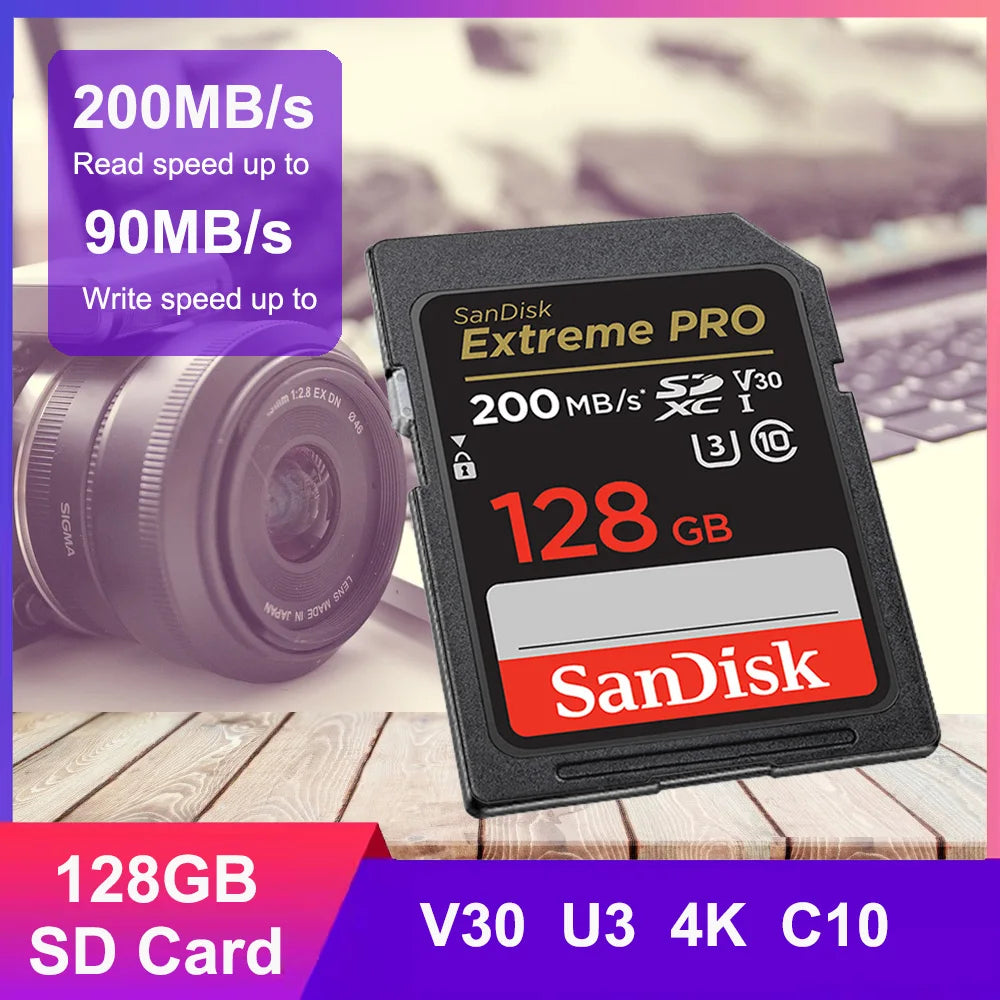 SanDisk Memory Card Extreme SD Card 4K UHD 32GB SDHC 64GB 128GB 256GB SDXC C10 U3 V30 up to 180M/s For 1080p 3D Full HD Camera