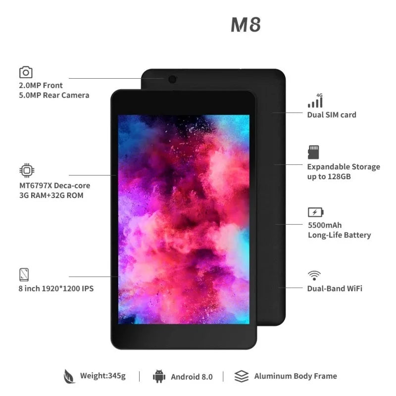 10-Core MTK6797 Android 8.0 8" 4G Phonecall Tablet 1920x1200 Pixels 3GB RAM 32GB ROM WIFI GPS Bluetooth 4.2 Dual SIM Card