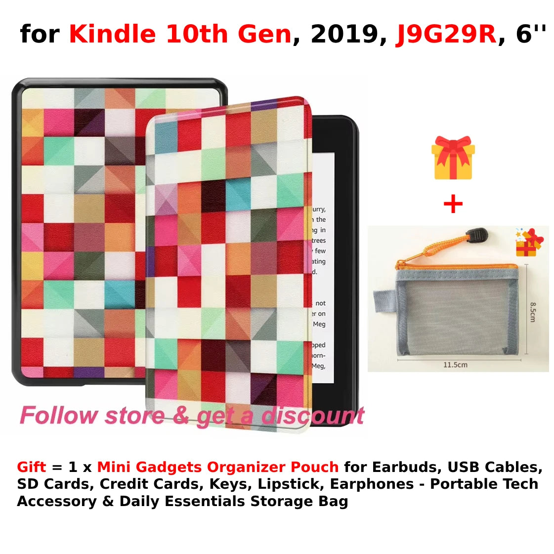 For Kindle 10th Generation Case + Mini Gadgets Organizer Pouch 6'' J9G29R 2019 Leather Cover Auto Wake/Sleep Kindle Skin Funda