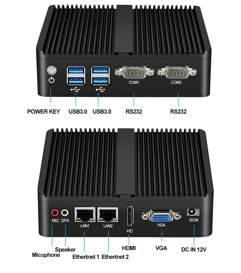 XCY Fanless Mini PC Intel Celeron J6412 N5095 2x GbE LAN 2x RS232 HDMI VGA WiFi 4G LTE Windows 10 Linux Industrial Computer