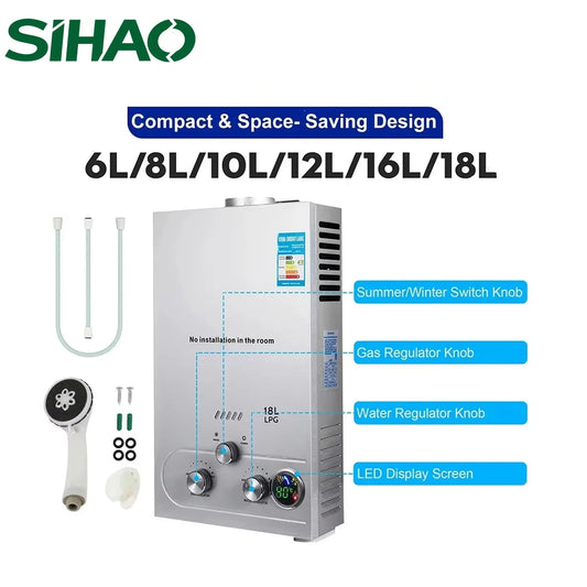 SIHAO LPG Water Heater 6L 8L 10L 12L 16L 18L LPG Liquefied Petroleum Gas Propane Butane Water Heater Stainless Steel Boiler Kit