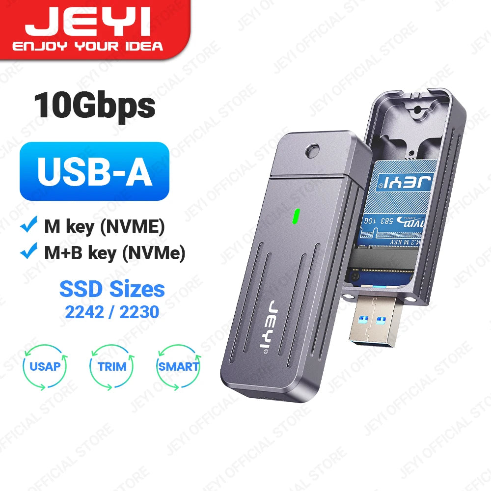 JEYI Direct-attach M.2 NVMe Enclosure, USB-A Plug USB 3.2 10Gbps In-line Aluminum 2242 2280 SSD Case With Magnet Protective Case