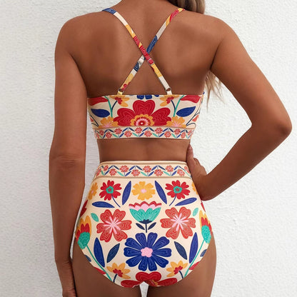 Floral Print High-Waisted U-Line Bikini Set Swimwear for Women