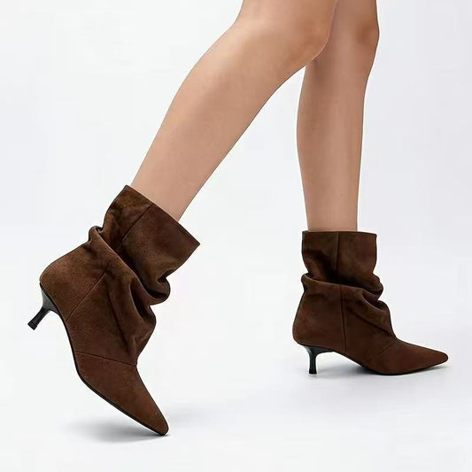 Pleated Mid-Calf Boots for Women Pointed Toe Medium Heel Velvet Boots