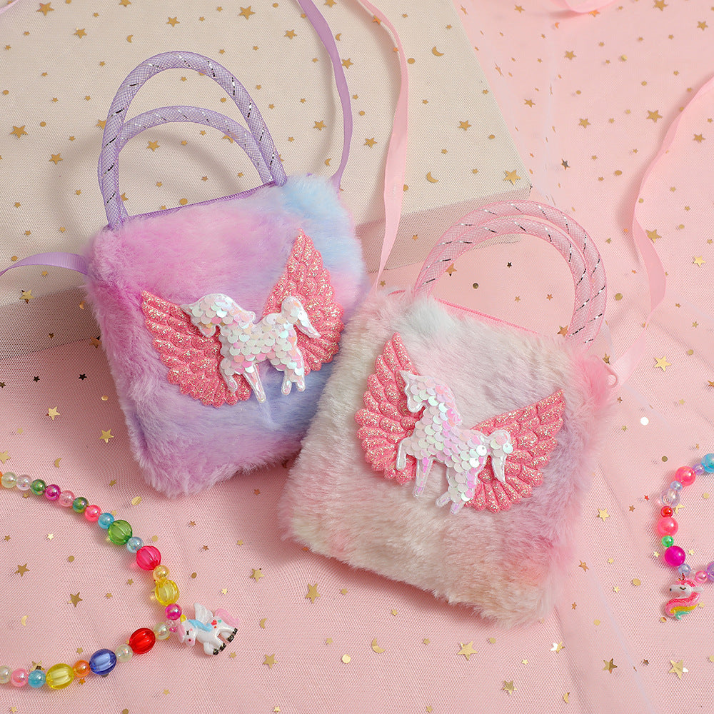 Unicorn Cartoon Plush Shoulder Bag for Kids, Mini Crossbody Bag, Kindergarten Girl's Handheld Square Bag, Coin Purse