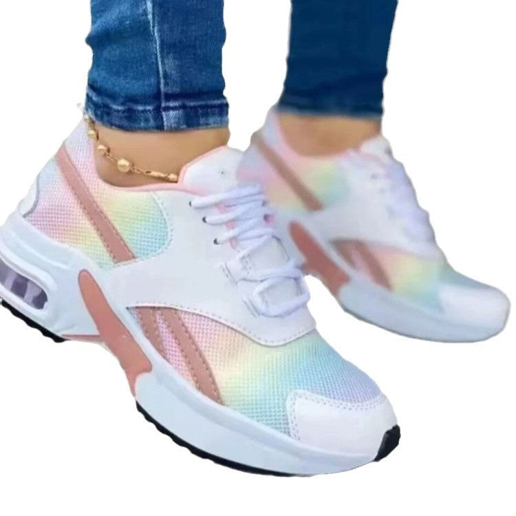 Low cut round toe mid heel lace up mesh sports single shoe for women