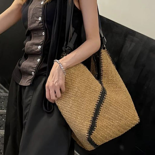 Stylish Striped Single Shoulder Woven Straw Bag, Elegant Weaving Tote with Black Trim, Large Capacity, Beach Vacation Bag
