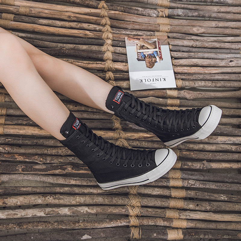 Canvas Shoes with Front Lace-Up and Side Zipper, Women's Sneakers