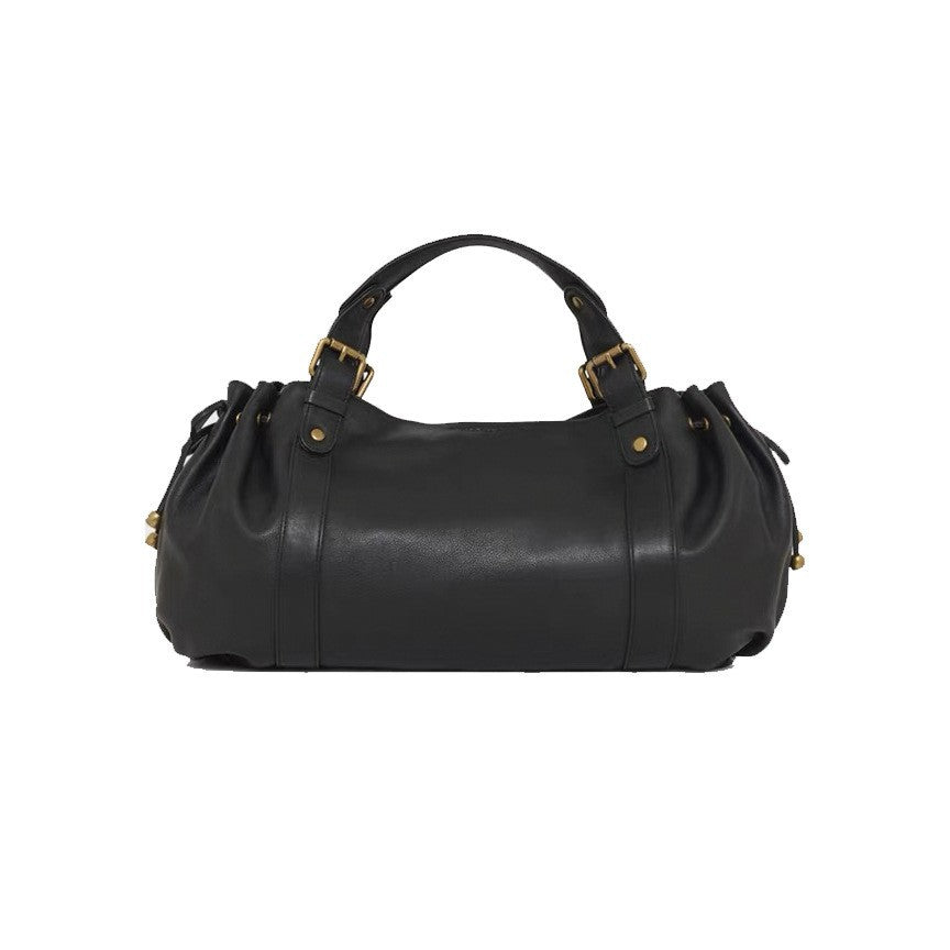 Black large capacity soft leather tote bag with pleated drawstring hand-held shoulder bag
