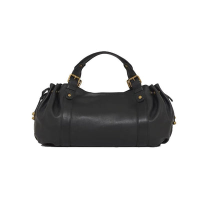 Black large capacity soft leather tote bag with pleated drawstring hand-held shoulder bag