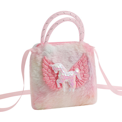 Unicorn Cartoon Plush Shoulder Bag for Kids, Mini Crossbody Bag, Kindergarten Girl's Handheld Square Bag, Coin Purse