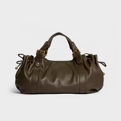 Black large capacity soft leather tote bag with pleated drawstring hand-held shoulder bag