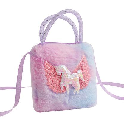 Unicorn Cartoon Plush Shoulder Bag for Kids, Mini Crossbody Bag, Kindergarten Girl's Handheld Square Bag, Coin Purse