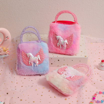 Unicorn Cartoon Plush Shoulder Bag for Kids, Mini Crossbody Bag, Kindergarten Girl's Handheld Square Bag, Coin Purse
