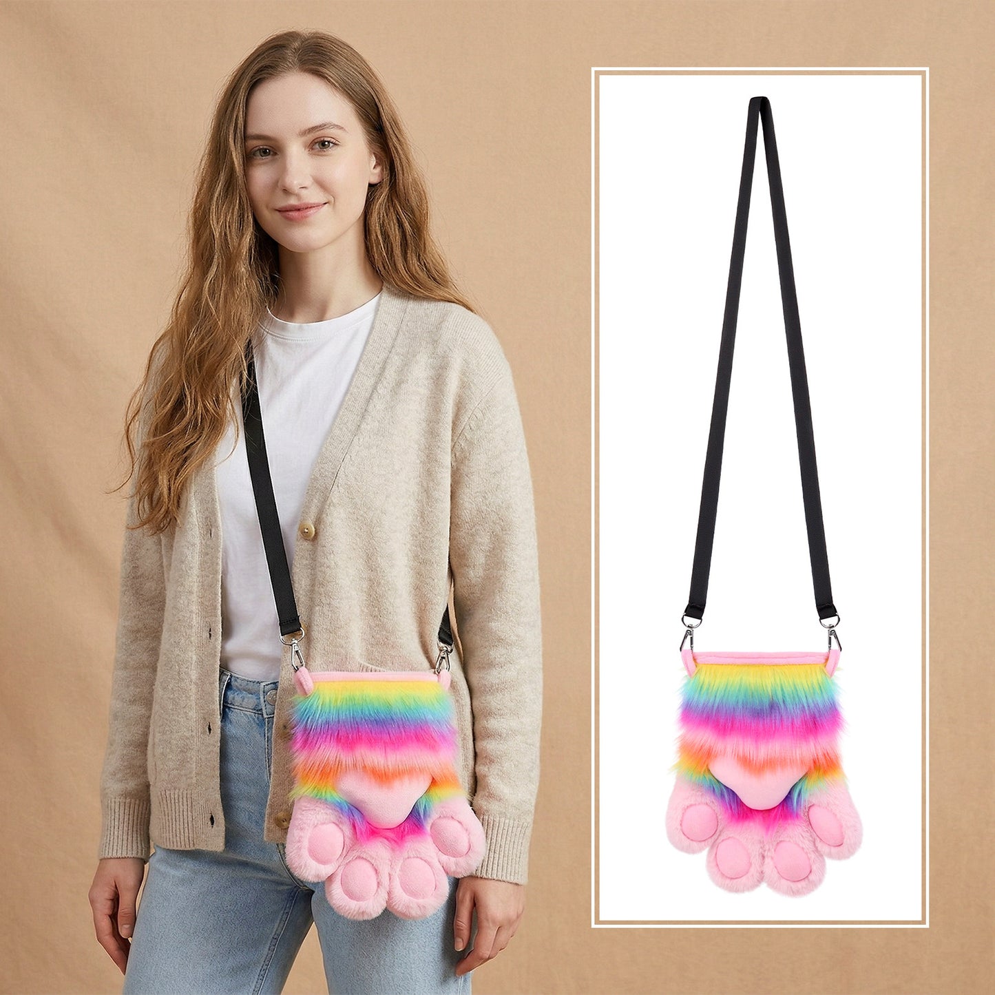 Rainbow Handmade Plush Crossbody Bag, Cute Animal Paw Lolita Bag, Coin Purse, Phone Pouch, Keychain