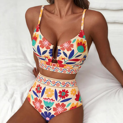 Floral Print High-Waisted U-Line Bikini Set Swimwear for Women