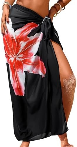 Women's Swimwear Transparent Sheer Cover-Up High-Slit One-Size Swim Dress Summer Floral Print Chiffon