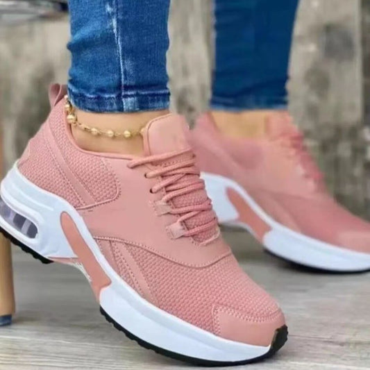 Low cut round toe mid heel lace up mesh sports single shoe for women