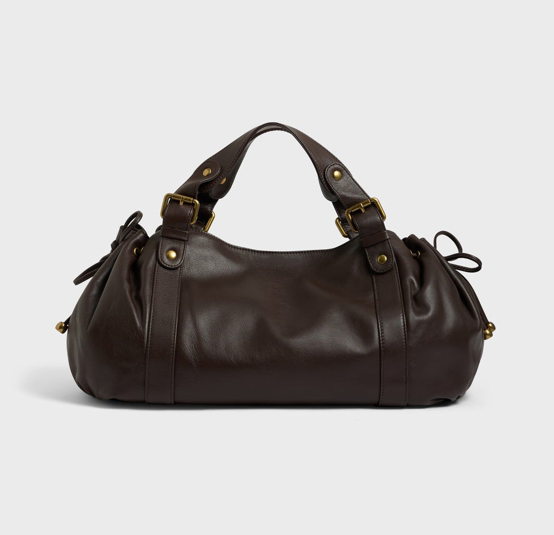Black large capacity soft leather tote bag with pleated drawstring hand-held shoulder bag