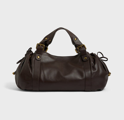 Black large capacity soft leather tote bag with pleated drawstring hand-held shoulder bag