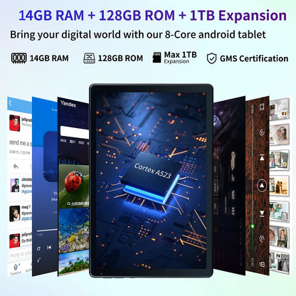 10 Inch Tablet Android 14 16GB RAM 128GB ROM 1TB Expand Octa-Core Widevine L1 With Stylus Keyboard Mouse for Work, Leran