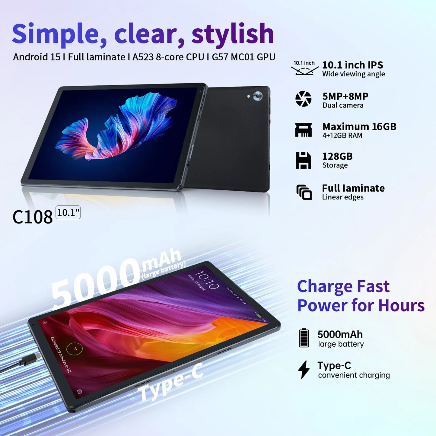 10 Inch Tablet Android 14 16GB RAM 128GB ROM 1TB Expand Octa-Core Widevine L1 With Stylus Keyboard Mouse for Work, Leran