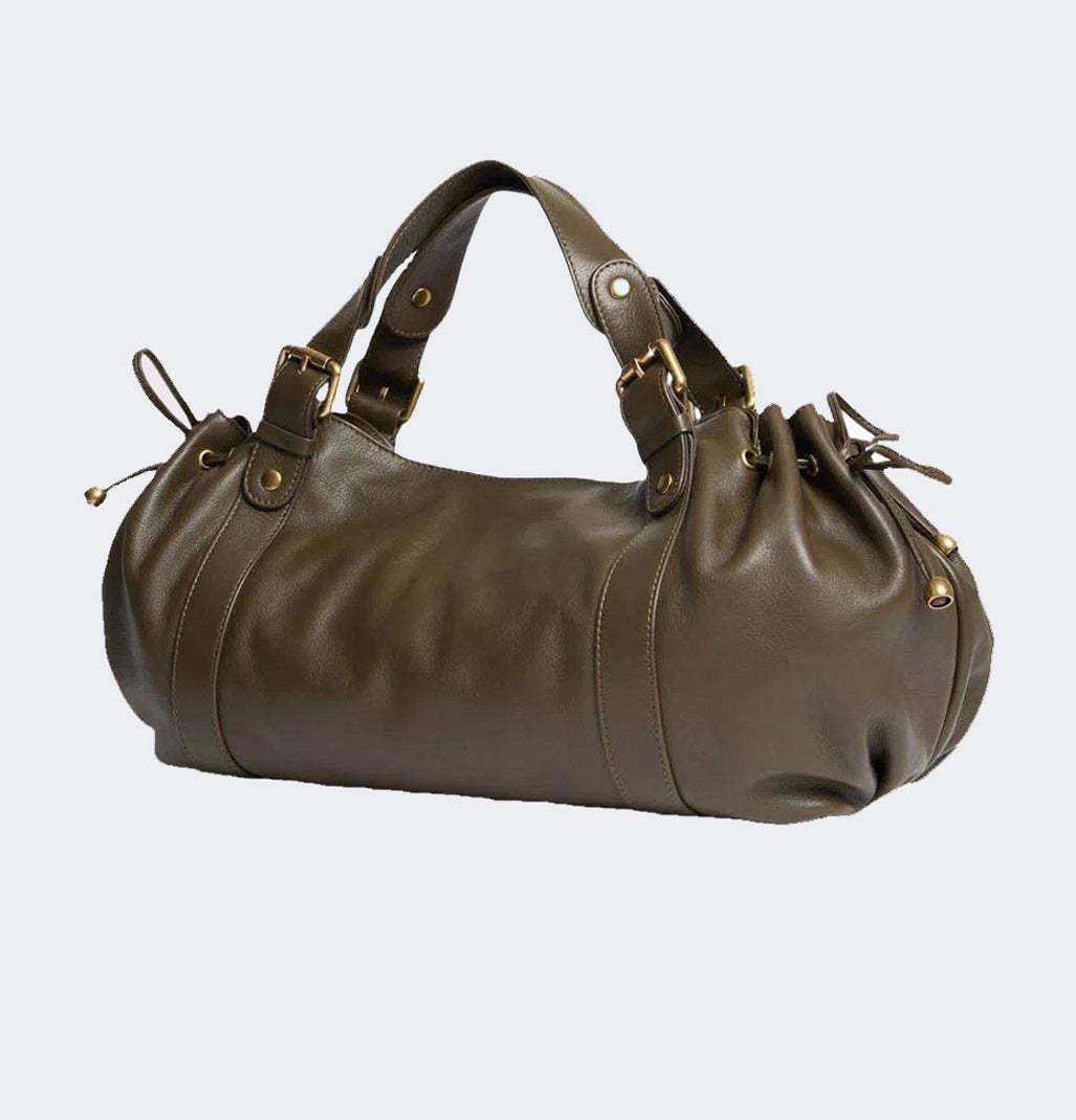 Black large capacity soft leather tote bag with pleated drawstring hand-held shoulder bag
