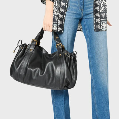 Black large capacity soft leather tote bag with pleated drawstring hand-held shoulder bag