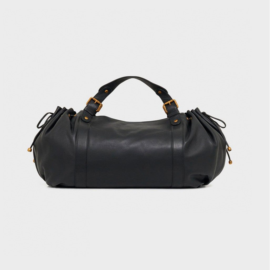 Black large capacity soft leather tote bag with pleated drawstring hand-held shoulder bag