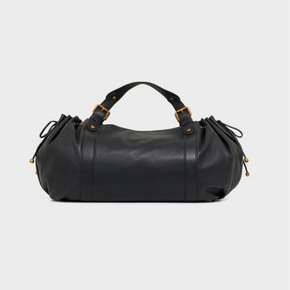 Black large capacity soft leather tote bag with pleated drawstring hand-held shoulder bag