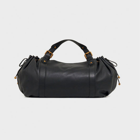 Black large capacity soft leather tote bag with pleated drawstring hand-held shoulder bag