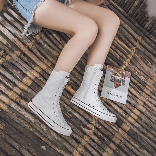 Canvas Shoes with Front Lace-Up and Side Zipper, Women's Sneakers