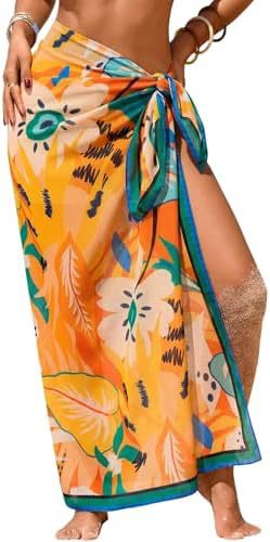 Women's Swimwear Transparent Sheer Cover-Up High-Slit One-Size Swim Dress Summer Floral Print Chiffon