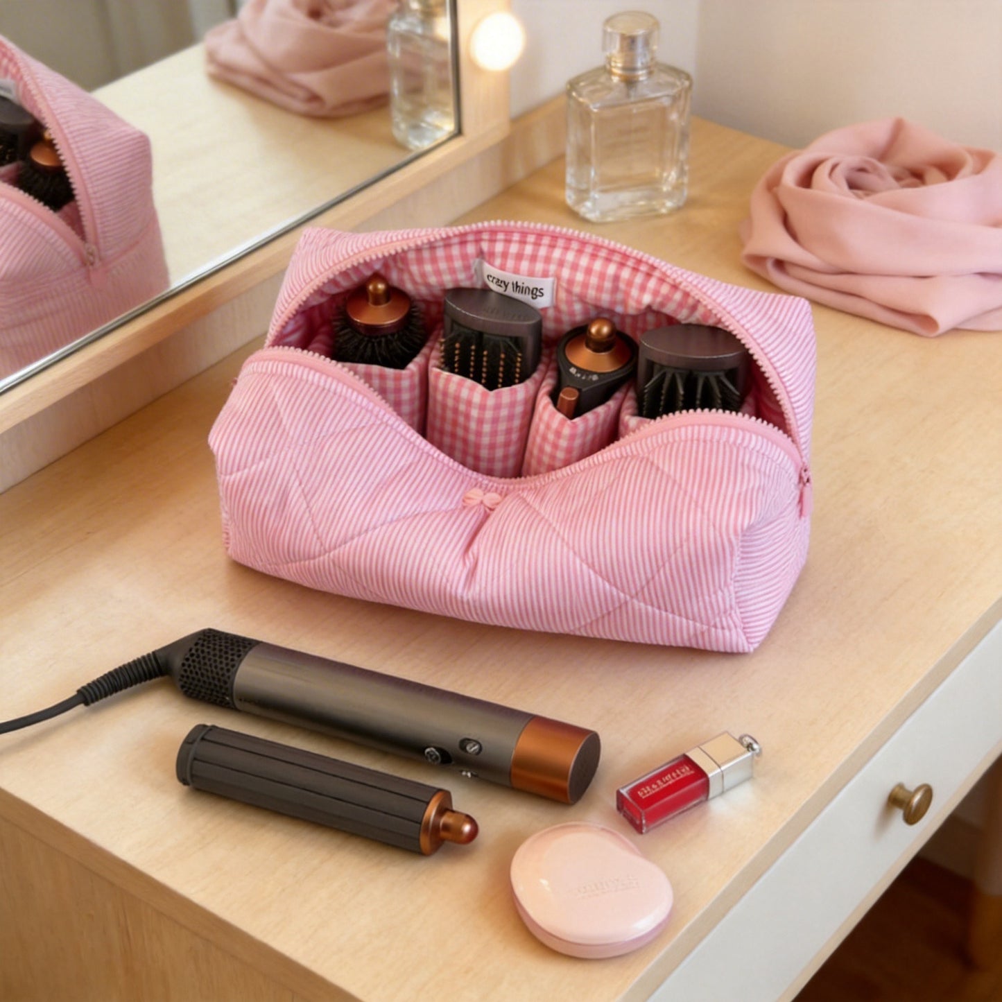 Striped makeup bag, large capacity hair dryer storage bag
