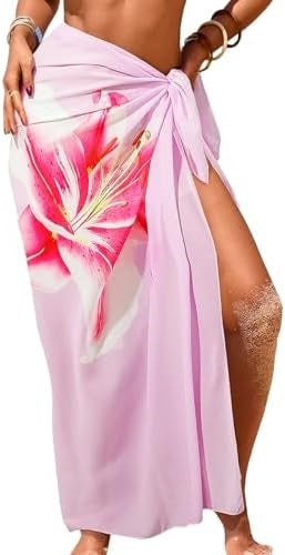 Women's Swimwear Transparent Sheer Cover-Up High-Slit One-Size Swim Dress Summer Floral Print Chiffon