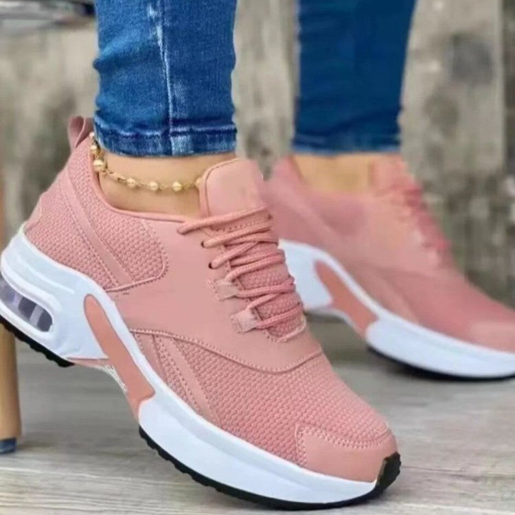 Low cut round toe mid heel lace up mesh sports single shoe for women
