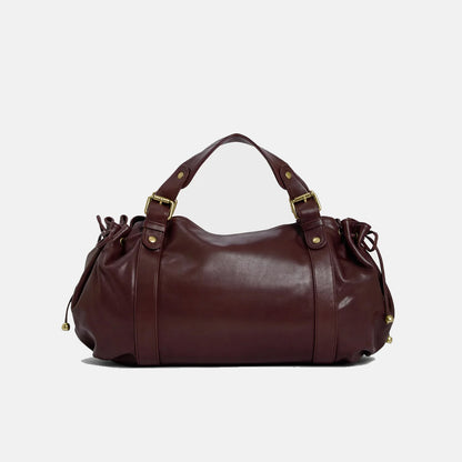 Black large capacity soft leather tote bag with pleated drawstring hand-held shoulder bag