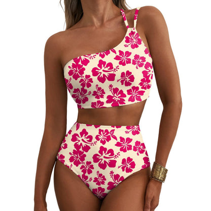 New women's high waisted bikini set with one shoulder floral print swimsuit, 2-piece set, belly cinching swimsuit