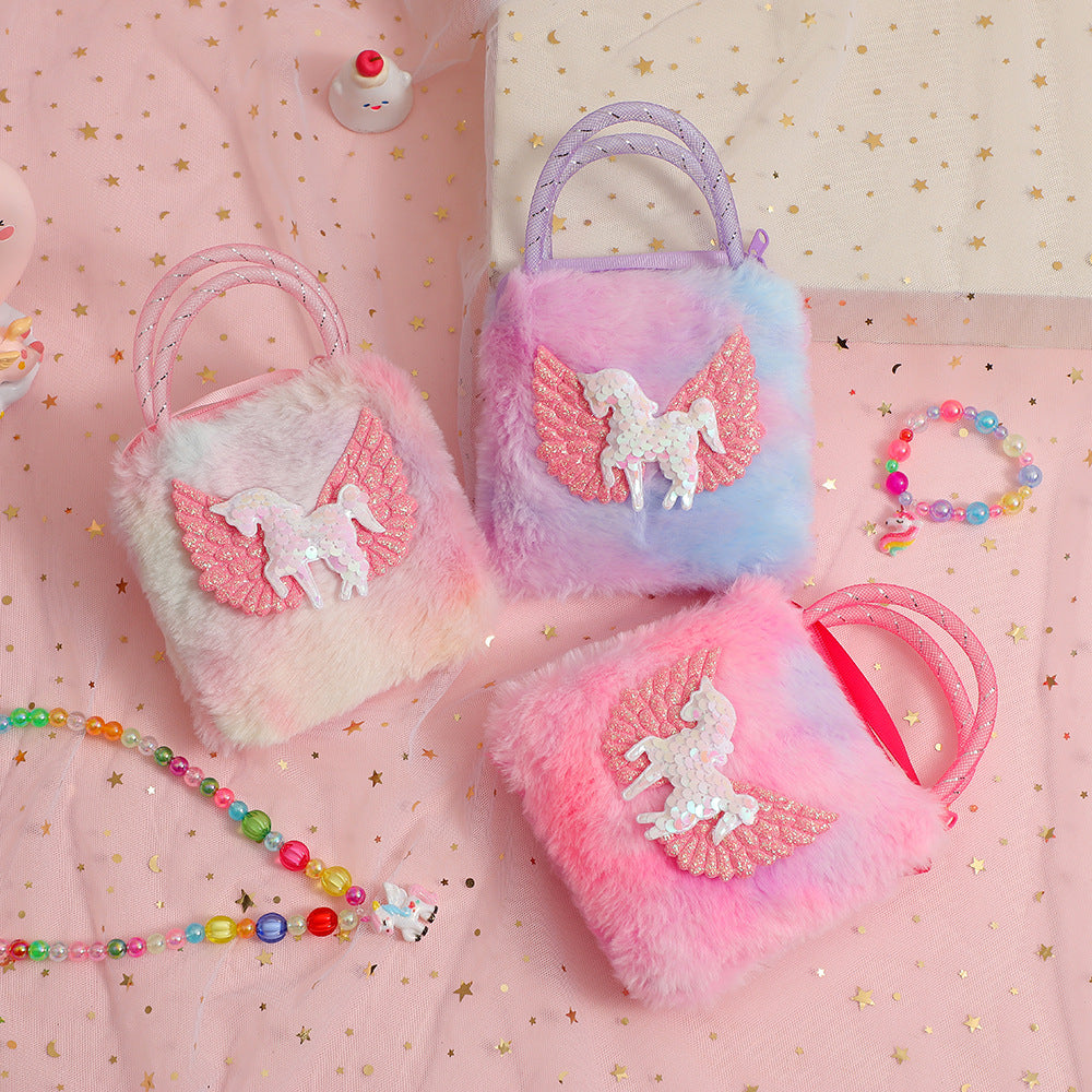 Unicorn Cartoon Plush Shoulder Bag for Kids, Mini Crossbody Bag, Kindergarten Girl's Handheld Square Bag, Coin Purse