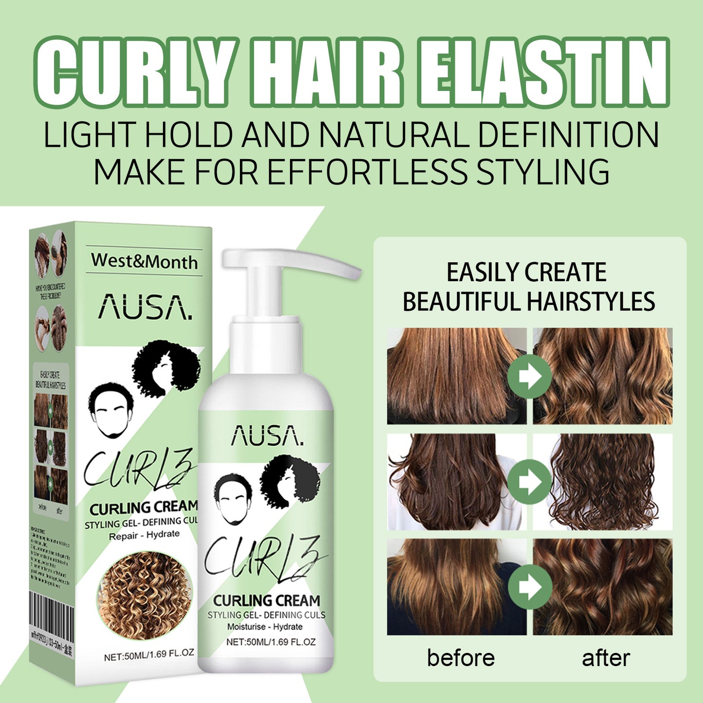 West&Month Curly Hair Elastin, Moisturizing Curly Hair Styling Fluffy Elastic Strong Hair Smoothing Frizz And Hair Care