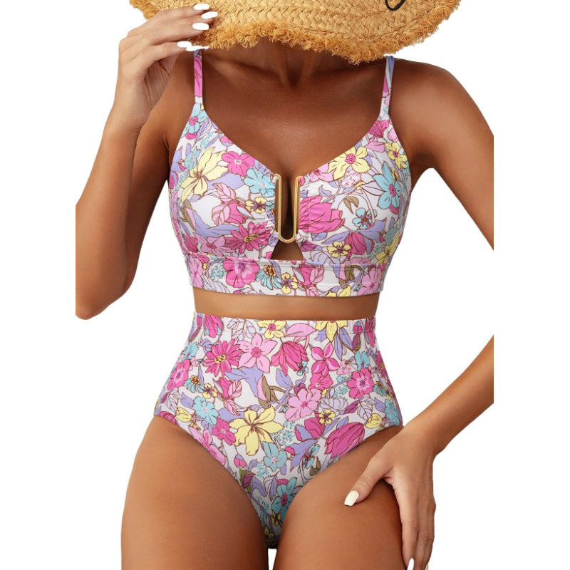 Floral Print High-Waisted U-Line Bikini Set Swimwear for Women