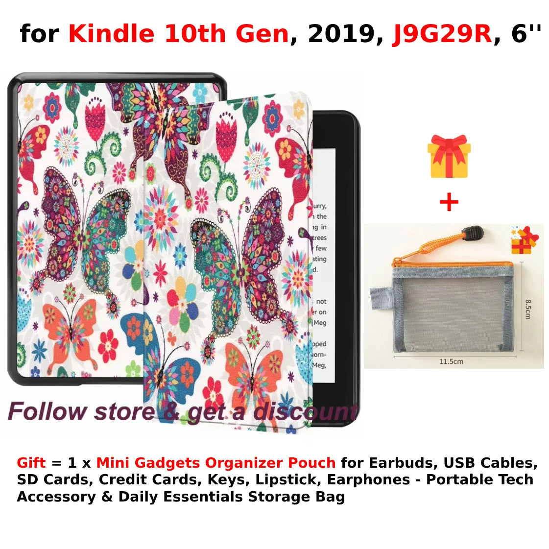 For Kindle 10th Generation Case + Mini Gadgets Organizer Pouch 6'' J9G29R 2019 Leather Cover Auto Wake/Sleep Kindle Skin Funda