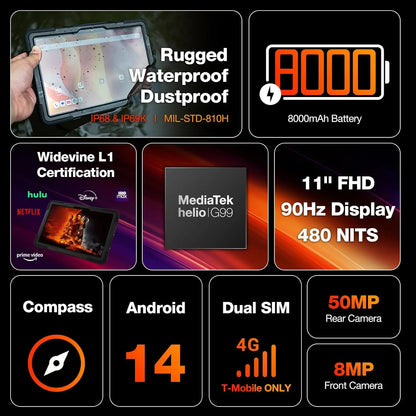 AGM P2 Active 11" FHD Rugged Tablet, IP68 Waterproof/Dustproof, 8GB RAM+256GB, Android 14, G99, Widevine L1 P2W Durable Pad