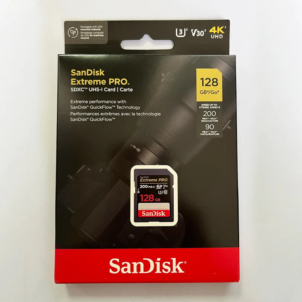 SanDisk Memory Card Extreme SD Card 4K UHD 32GB SDHC 64GB 128GB 256GB SDXC C10 U3 V30 up to 180M/s For 1080p 3D Full HD Camera