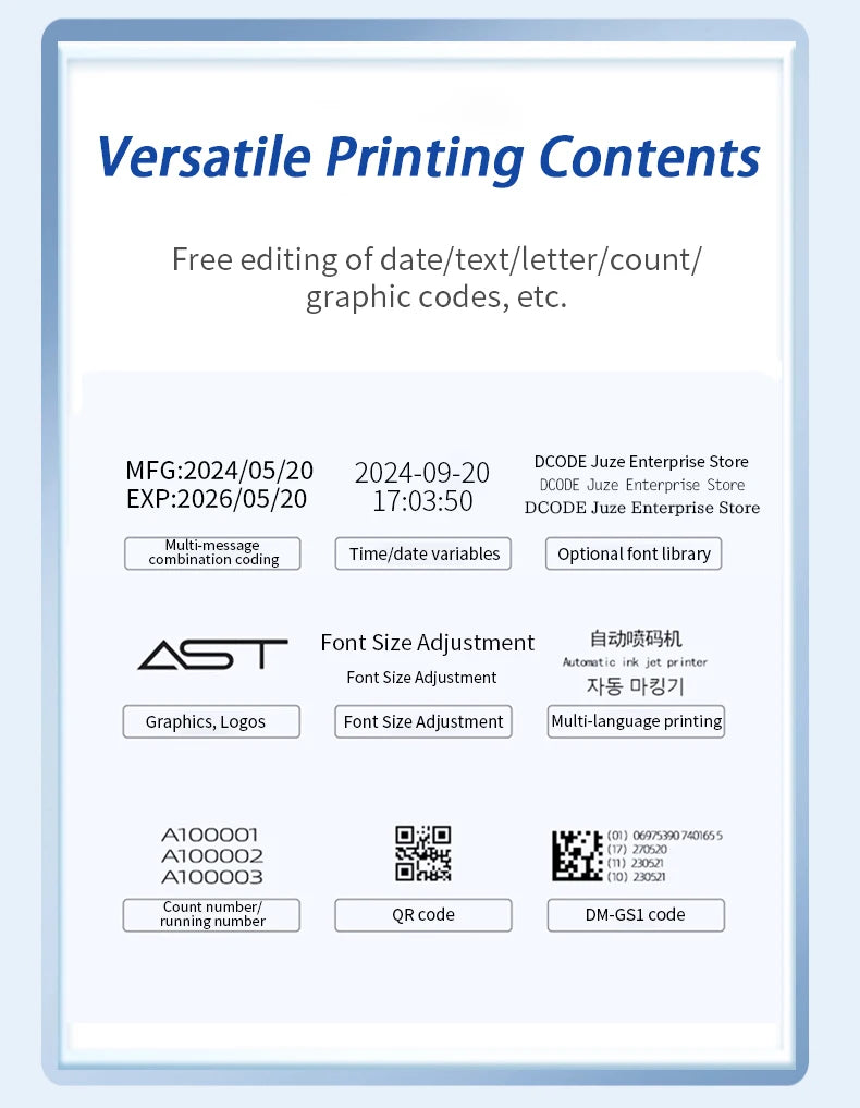 DCODE 130PLUS Industrial Online Inkjet Printer 12.7/25.4mm Nozzle with Plastic Shell QR Barcode Batch Number Logo Date Printer