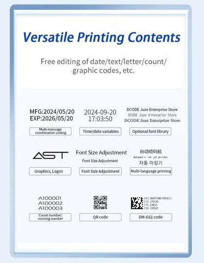 DCODE 130PLUS Industrial Online Inkjet Printer 12.7/25.4mm Nozzle with Plastic Shell QR Barcode Batch Number Logo Date Printer