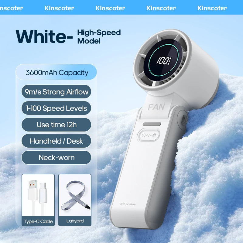 Kinscoter New Cooling Handheld Fan 3600mAh Foldable Portable Fan 100-Level Free Control High Speed Mini Personal Fan With Lanyar